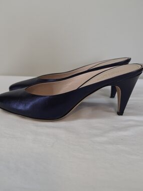 CAVALLINI ITALY LEATHER MULES NAVY METALLIC SHIMMER POINTED TOE HEELS EU 38